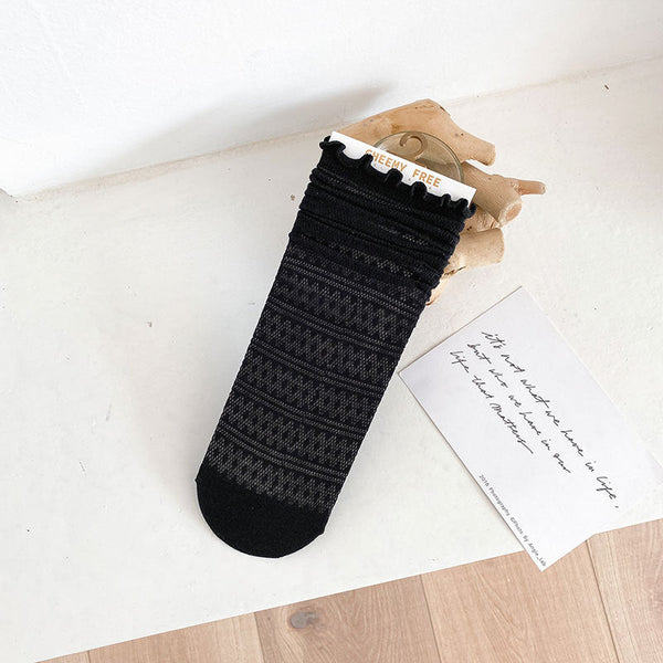 1 pair of socks for women summer thin black middle tube socks Japanese lace ballet style socks mesh breathable pile socks - Gifts for You 'n Me