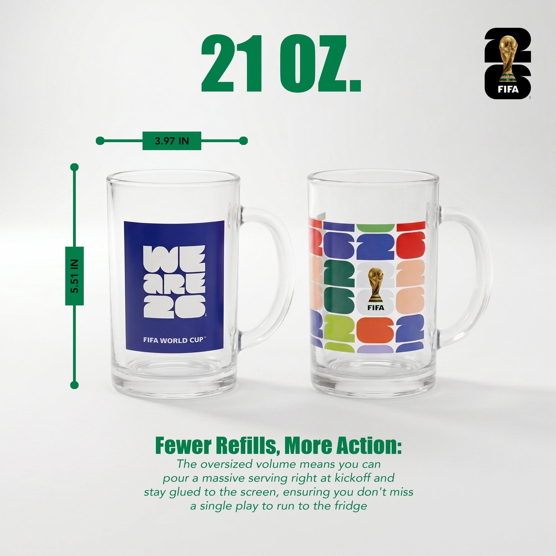FIFA We Are 26 & Trophy Set of 2 Glass Mugs With Handle  21 OZ.