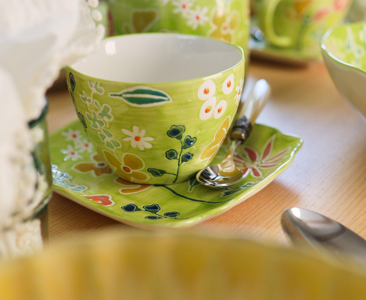Primavera Hand painted Stoneware Latte Mugs Set, Set of 4