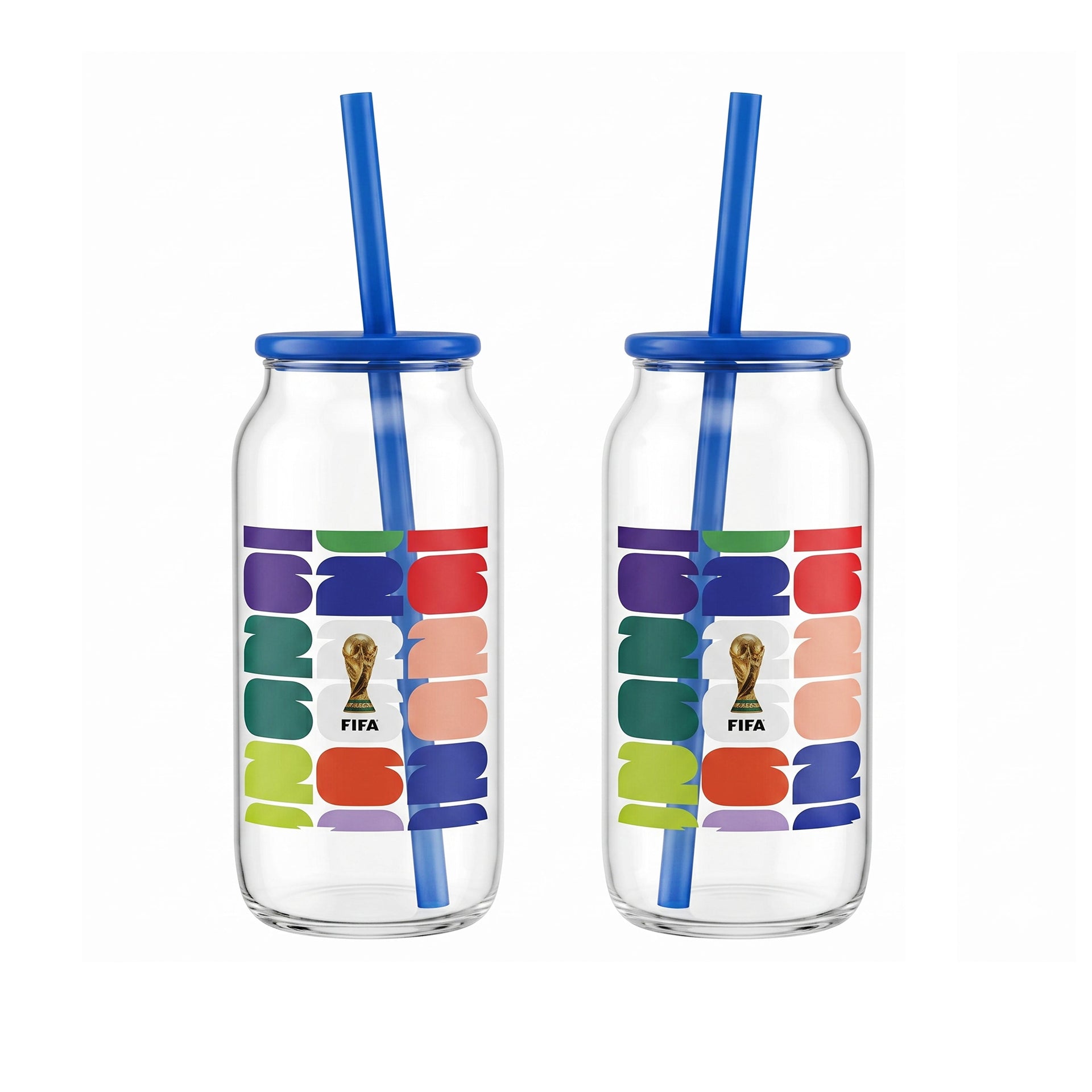 FIFA World Cup Trophy Set of 2 Glass Sippers with Lid and Straw