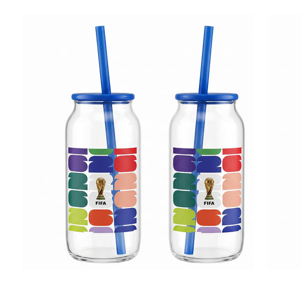 FIFA World Cup Trophy Set of 2 Glass Sippers with Lid and Straw