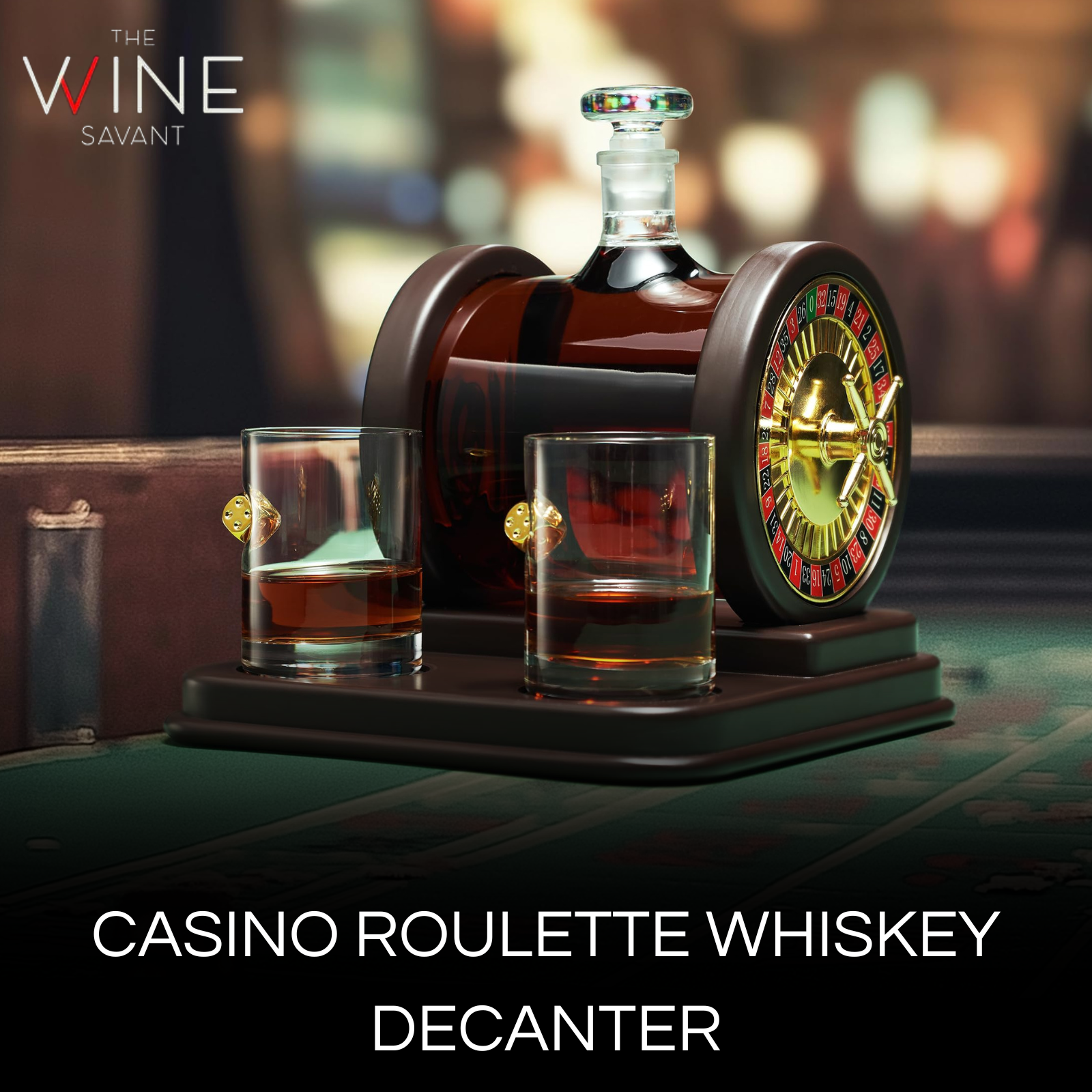 Casino Roulette Whiskey Decanter for Men, Husband, Him | 67.6 OZ Decanter With 2 x 10oz Dice Whiskey Glasses | Gold & Wood Gambling Slot Gift for Bourbon, Scotch, Liquor, Gifts For Dad, Guy, Christmas