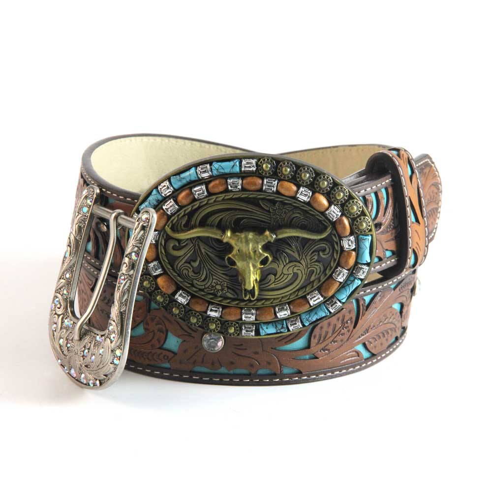 TOPACC Western Turquoise Belts - Turquoise Longhorn Cow Bull Belt Buckle Copper/Bronze
