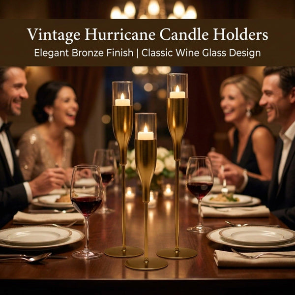 Gold Candle Holder - Wine Glass Flute Set of 3 Elegant Indoor Decor