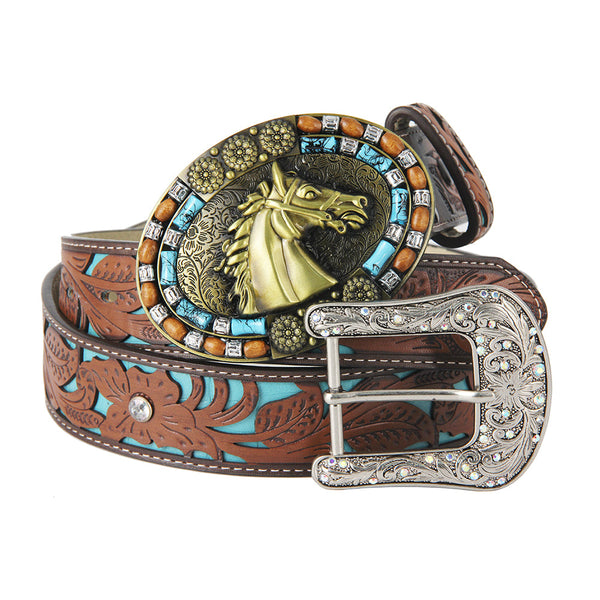 TOPACC Western Turquoise Belts - Turquoise Horse Belt Buckle Copper/Bronze