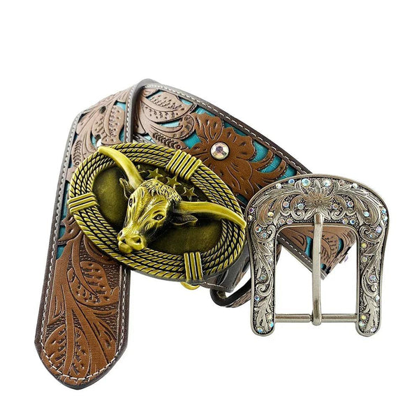 TOPACC Western Turquoise Belts - Cute Longhorn Cow Belt Buckle Copper/Bronze - Gifts for You 'n Me