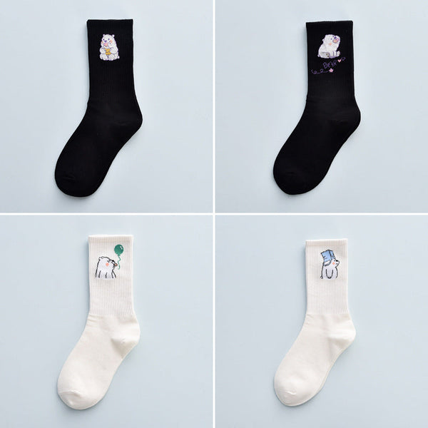4Pair Spring And Summer Combed Out Of Pure Cotton Socks Mid Waist Fashion Bear Socks Cute Animal Socks Kawaii Cute Cartoon Purple College Socks For Men And Women