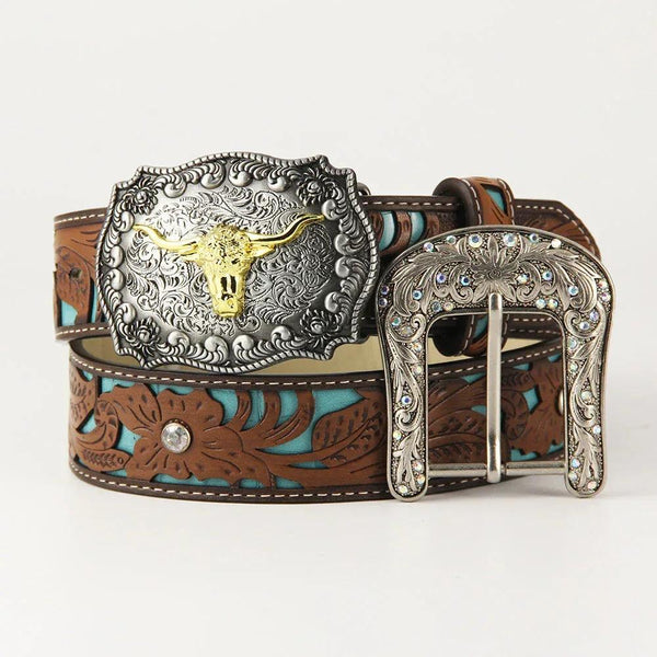 TOPACC Western Turquoise Belts - Texas Longhorn Belt Buckle - Gifts for You 'n Me
