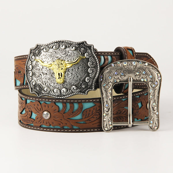 TOPACC Western Turquoise Belts - Texas Longhorn Belt Buckle