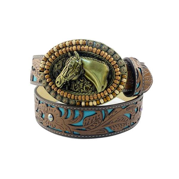 TOPACC Western Turquoise Belts - Oval Wood Beads Horse Belt Buckle