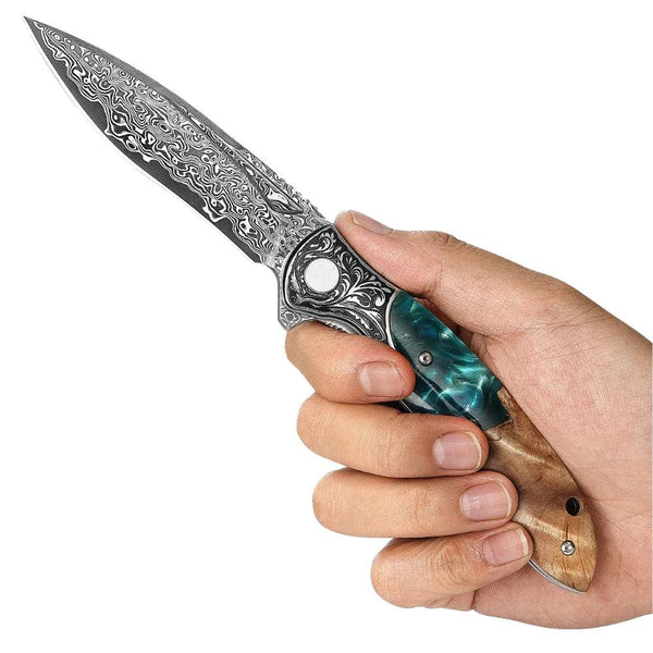 Raven VG10 Damascus Pocket Knife with Olive Burl Wood & Resin Handle - Gifts for You 'n Me