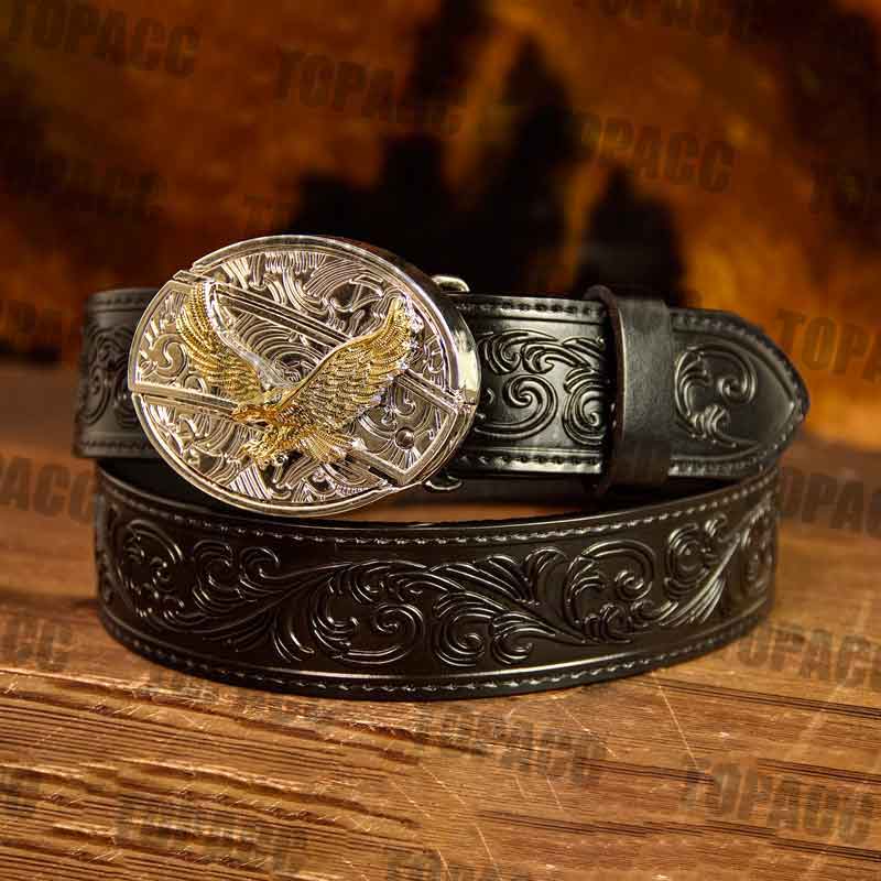 Black Leather Belt with Two-tone Strap Holder Buckle