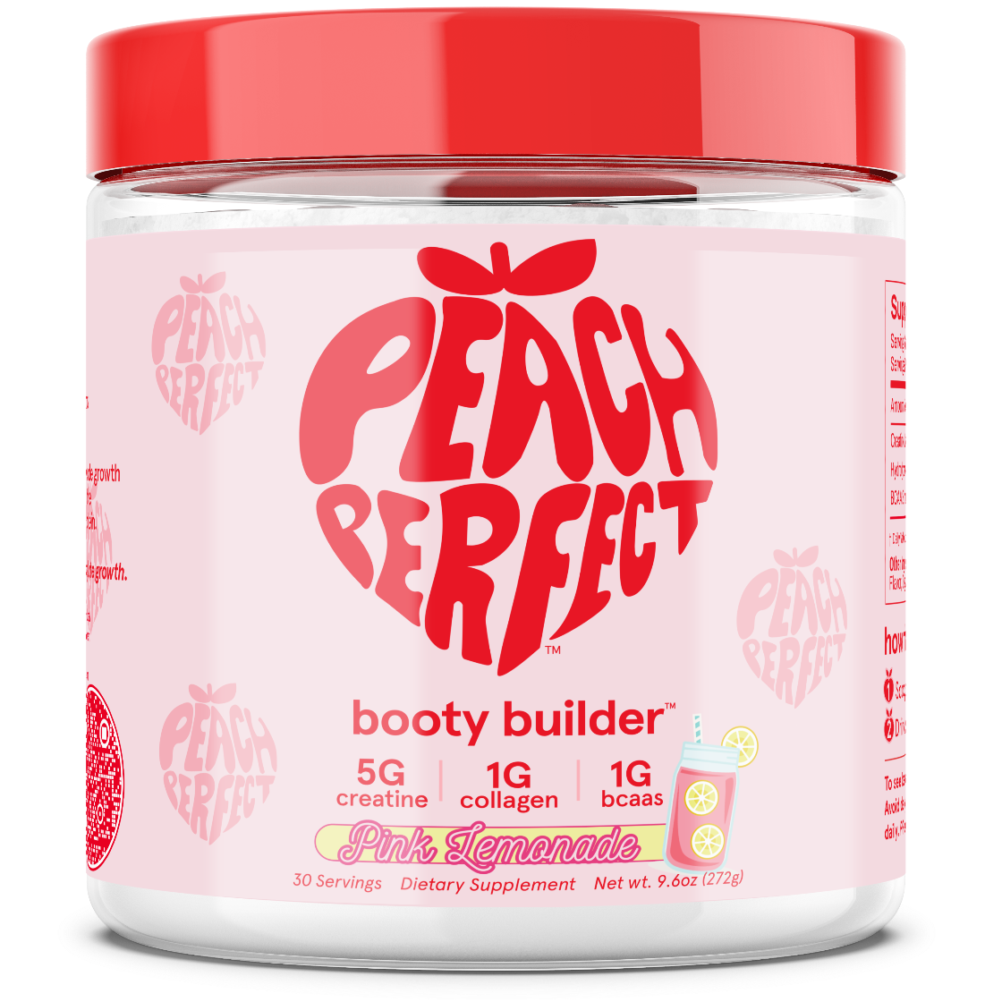 Peach Perfect Booty Builder supplement jar with pink lemonade flavor on a white background