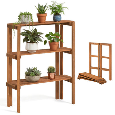 2/3-Tier Folding Wooden Storage Shelves for Entryway and Garden-3-Tier