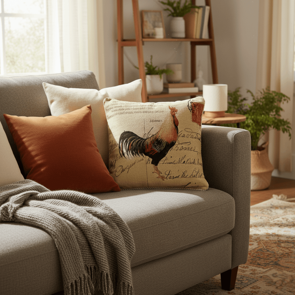 Tache Rooster Postcard European Farmhouse Cottage Vintage Tapestry Woven Throw Pillow Cover (15051)