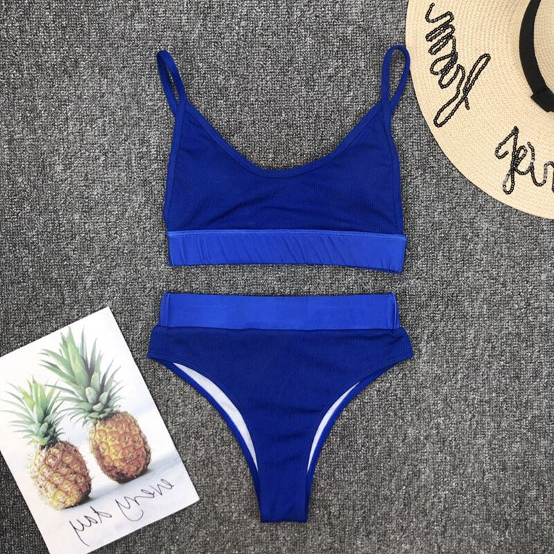 Women Bikini Sets Solid Color Ruffled Swimwear Bathing Suits 2 Piece Split Push Up Bandage Beachwear Women's Bikini Scoop Neck Straps Cutout Crop Top Lace Up Bottom Comfortable Two Piece Swimsuits