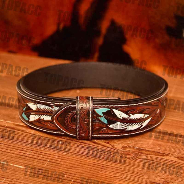 TOPACC Genuine Leather Feather Pattern Belt - Gifts for You 'n Me