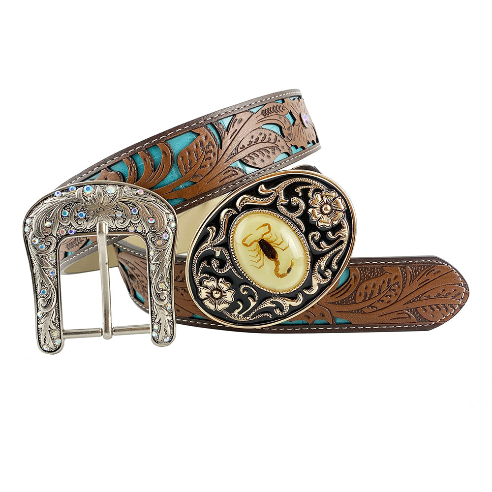 TOPACC Western Turquoise Belts -  Luminous Stone 3D Scorpion Belt Buckle Copper/Bronze