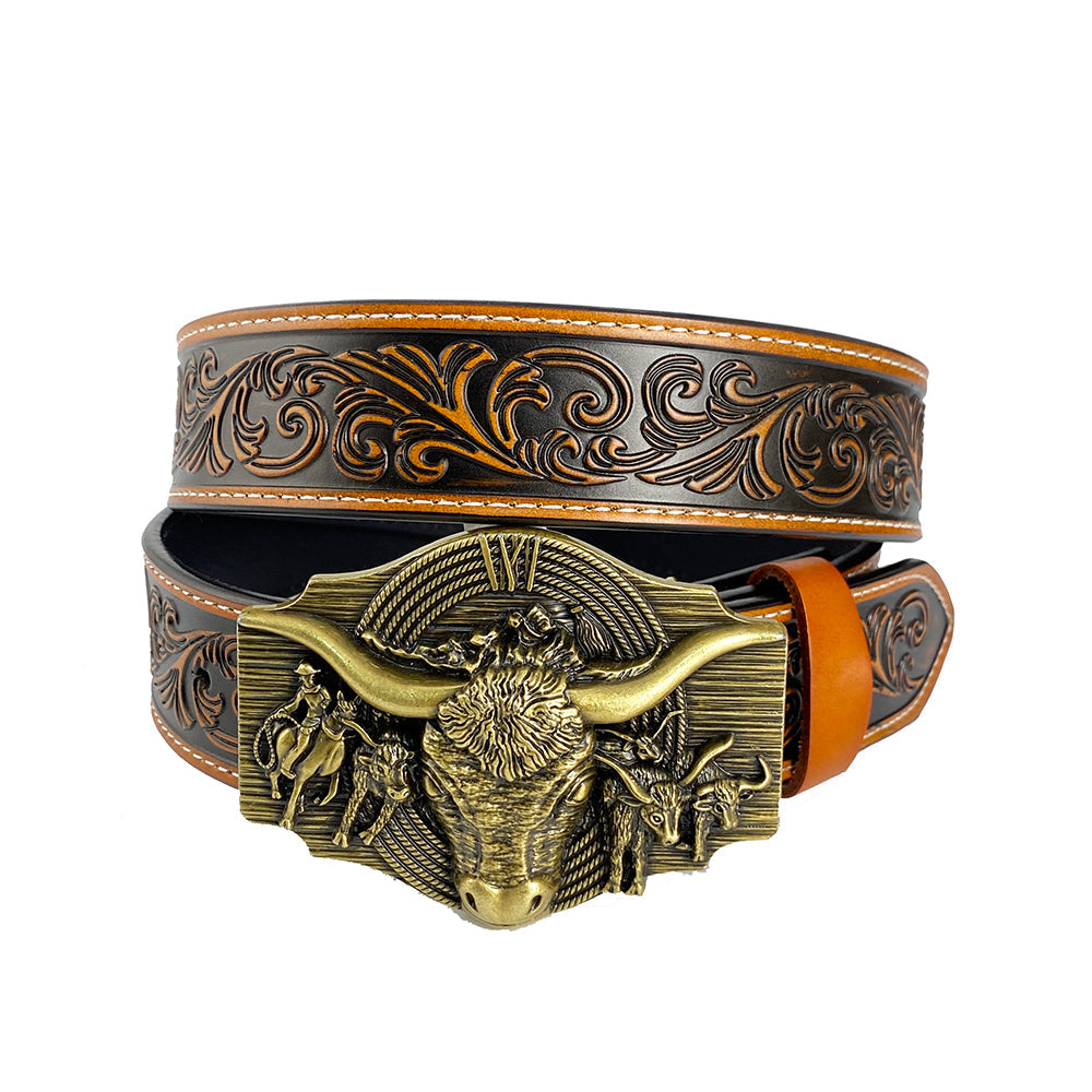 TOPACC Western Genuine Leather Pattern Tooled Belt-Longhorn Cow Belt Buckle Horseback Riding Copper/Bronze