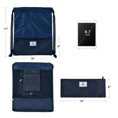 Drawstring Backpack String Bag Foldable Sports Sack with Zipper Pocket-Dark Blue