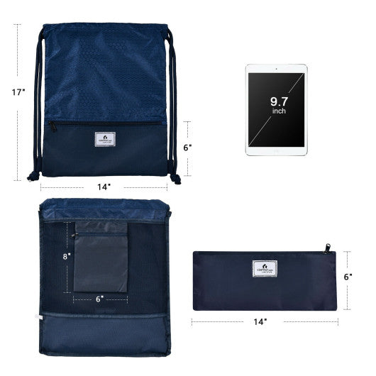 Drawstring Backpack String Bag Foldable Sports Sack with Zipper Pocket-Dark Blue
