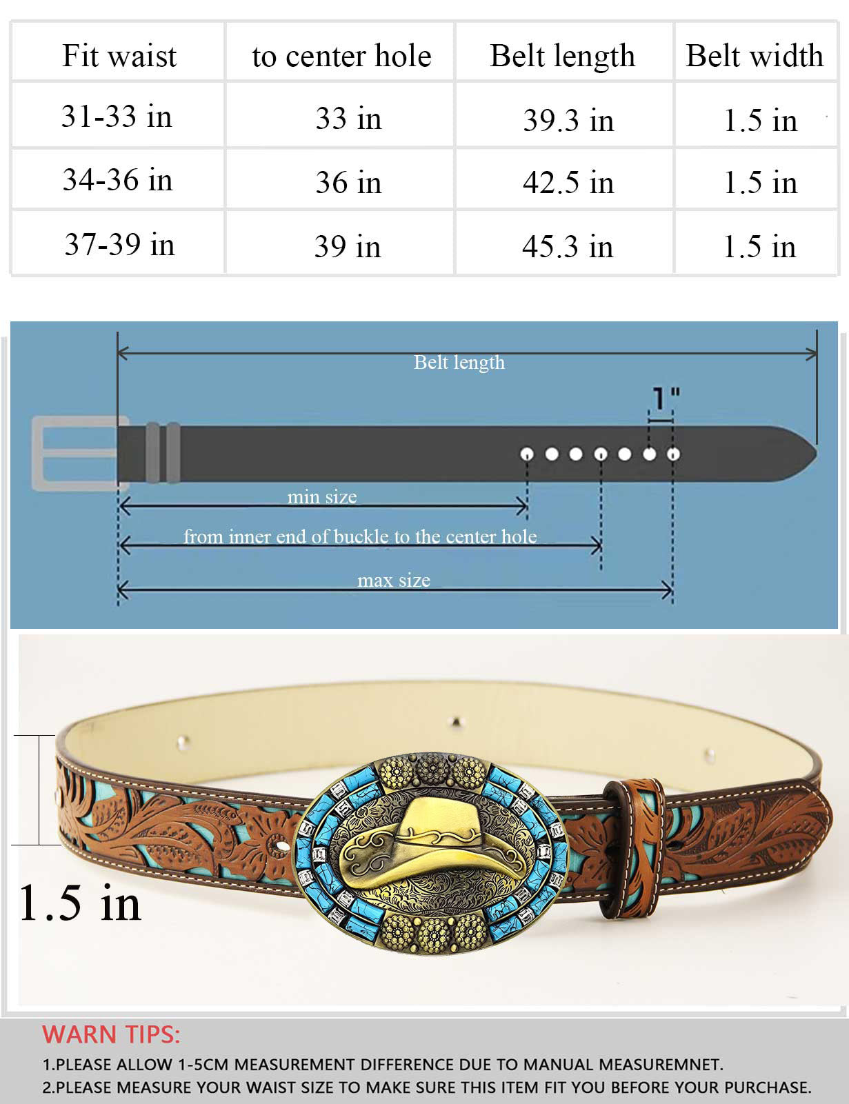 TOPACC Western Turquoise Belts - Cowboy Hat Belt Buckle Copper/Bronze