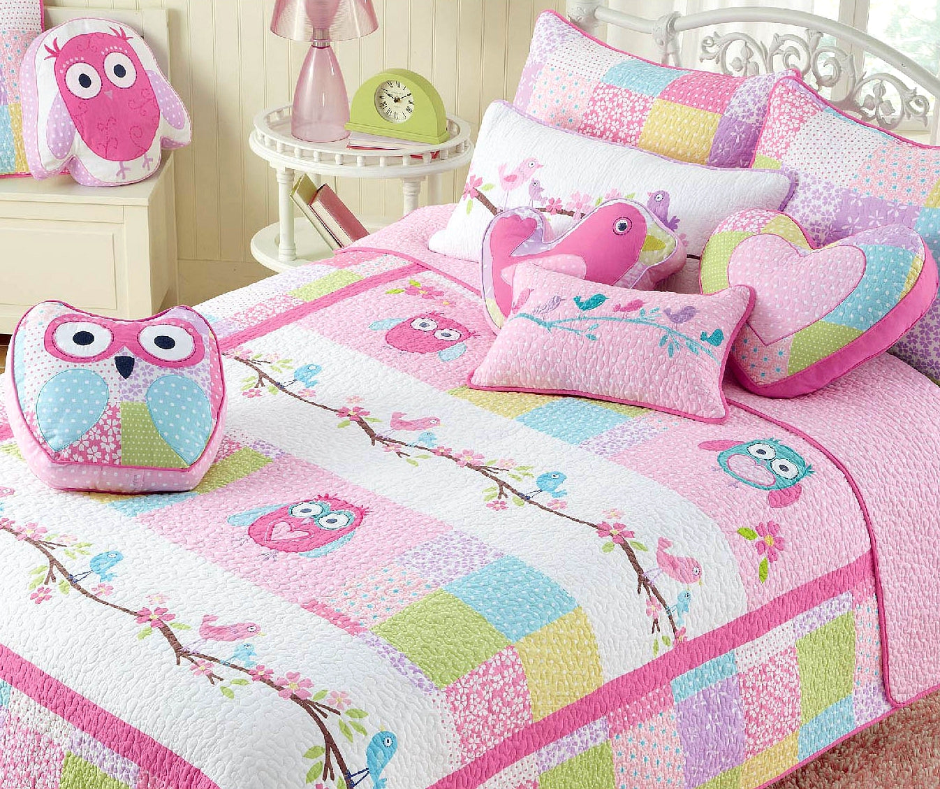 Pink Owl Patchwork Embroidered Heart Novelty Decor Throw Pillow