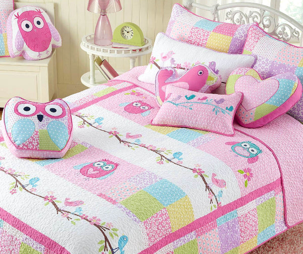 Pink Owl Patchwork Embroidered Heart Novelty Decor Throw Pillow