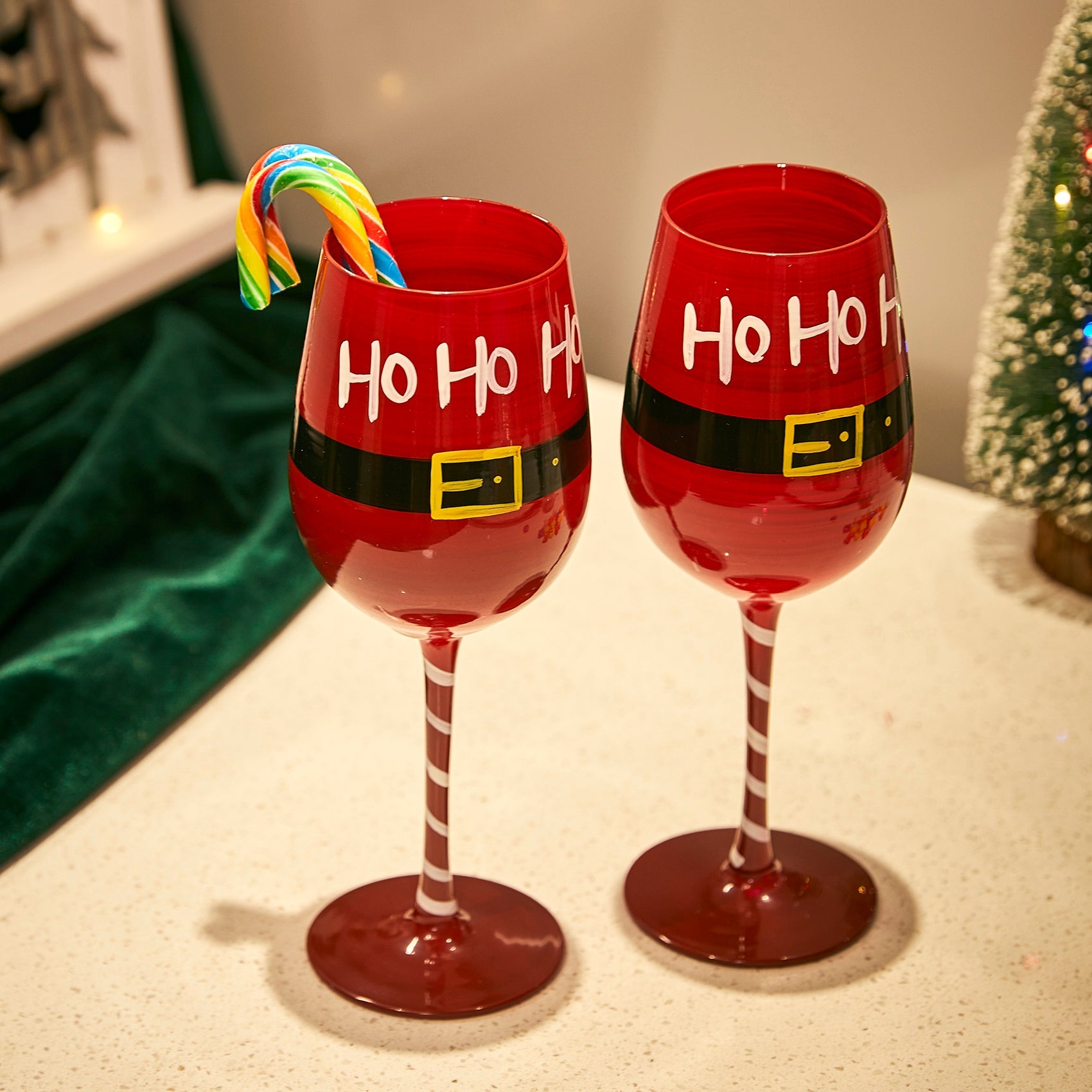 Ho Ho Ho Santa's Christmas Stemmed Wine & Water Glasses - Set of 2 - HoHoHo, Red & Black, 9