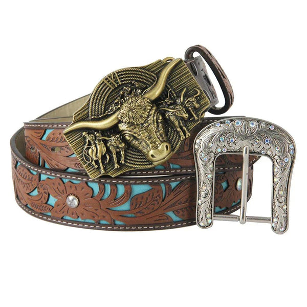 TOPACC Western Turquoise Belts - Longhorn Cow Belt Buckle Horseback Riding Copper/Bronze - Gifts for You 'n Me