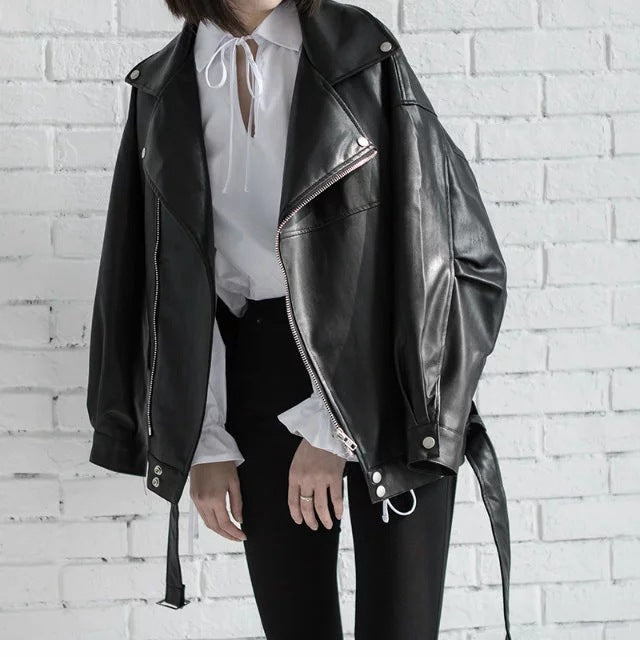 PU Faux Leather Jacket Women Loose Sashes Casual Biker Jackets Outwear Female Tops BF Style Black Leather Jacket Coat