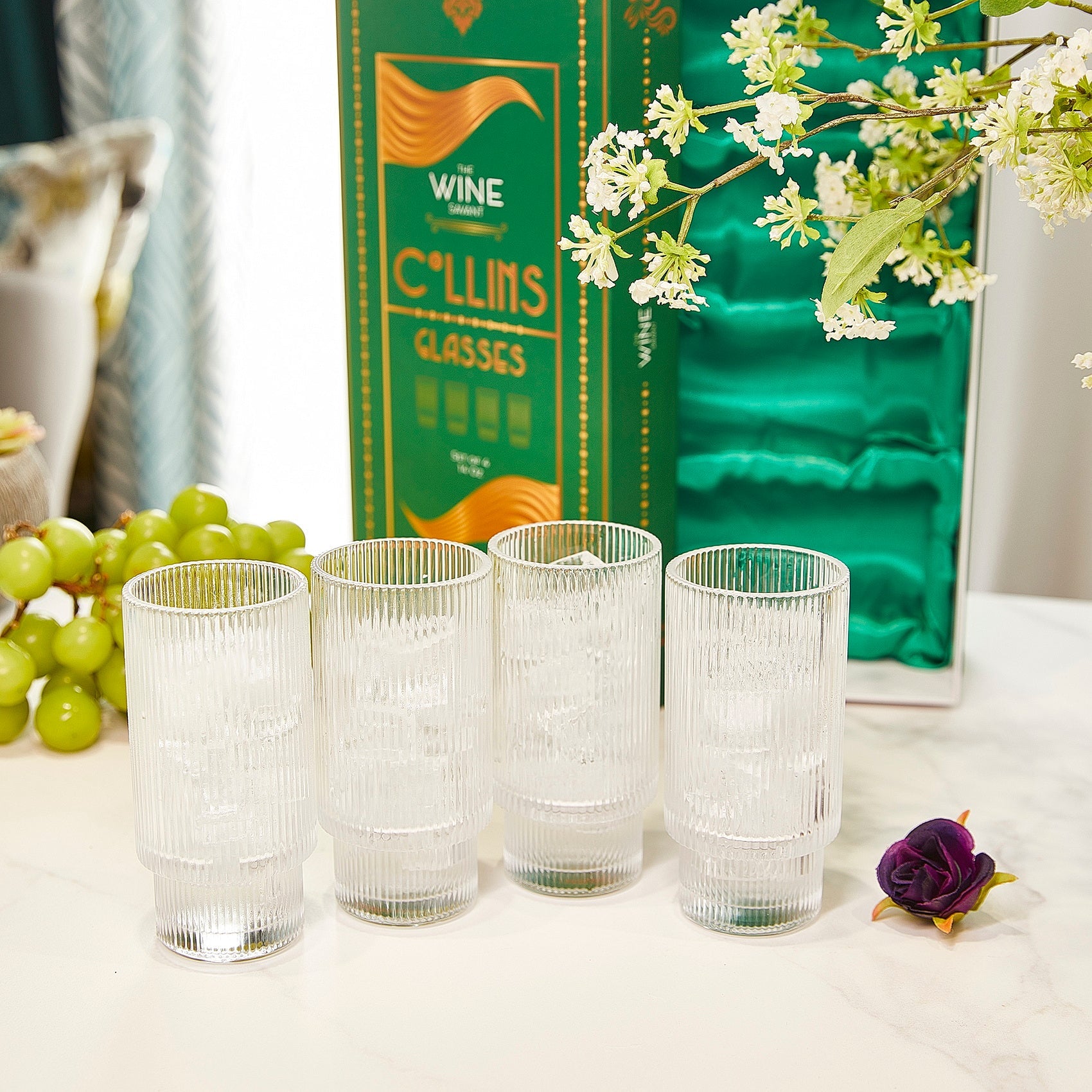 Vintage Art Deco Crystal Highball Ribbed Glass Set of 4 - Ripple, Collins Glassware 14oz Classic Crystal Cocktail Glasses Perfect for Water, Champagne, Beer, Juice, Tom Cocktails - Barware Tumblers