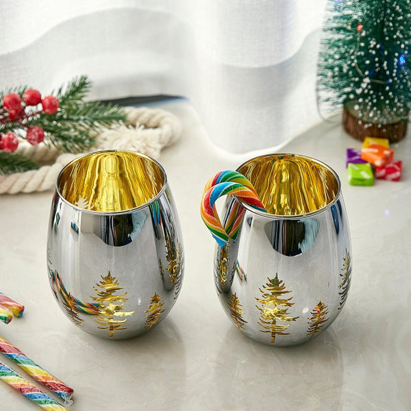 Crystal Christmas Tree Stemless Wine & Water Glasses - Set of 2 - Holiday Themed Vibrant Gold Etched Winter Snow Wonderland Frosted Glass, Perfect For Seasonal Parties, Gifts for Him & Her Trees Décor