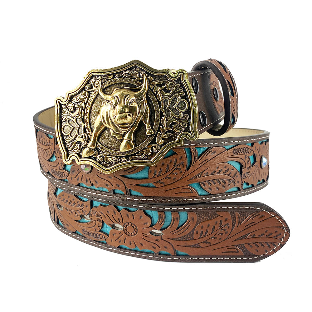 TOPACC Western Turquoise Belts - Bullfight Belt Buckle Copper/Bronze