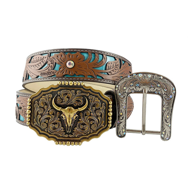 TOPACC Western Turquoise Belts - Copper Longhorn Cow Pattern Belt Buckle