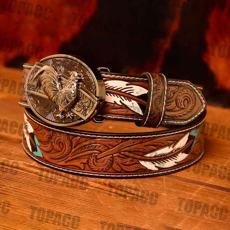 Waist 42-46 inch Western Leather Feather Belt - Block Buckle