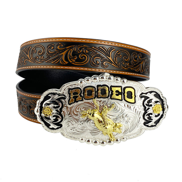 TOPACC Western Genuine Leather Pattern Tooled Belt - Rodeo Engraved Flower Belt Buckle