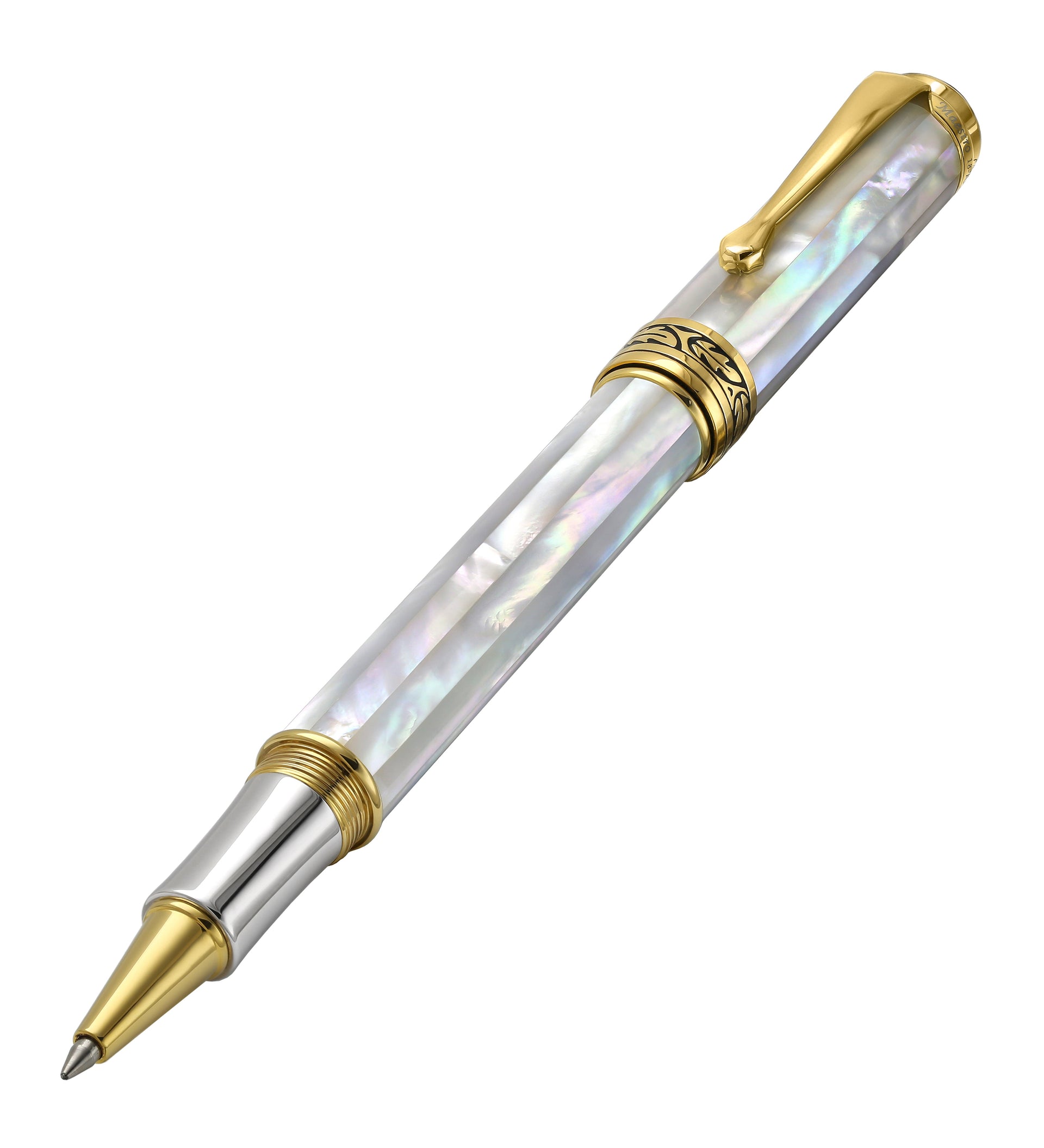 Maestro® Oceanic White Mother of Pearl Fountain Pen (Medium Nib) and Tahitian Black Mother of Pearl Rollerball Pen Set - 18K Gold and Pure Platinum Plated