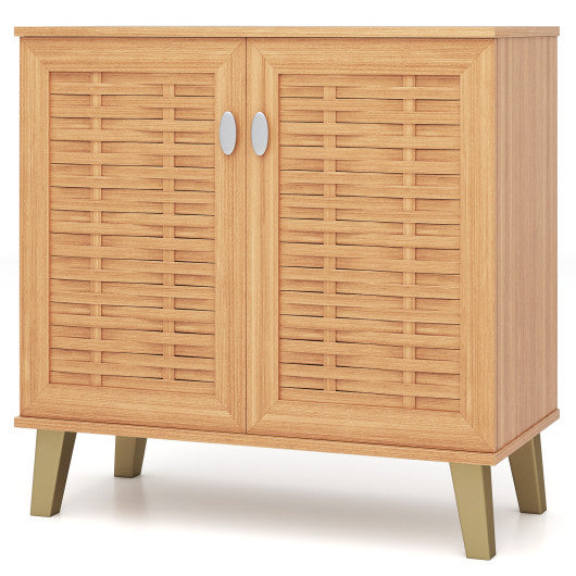2-Door 4-Tier Shoe Cabinet Storage Organizer with Ventilated Woven Doors-Teak