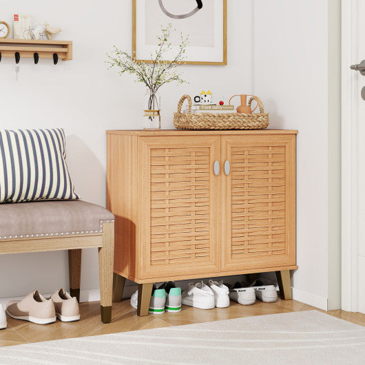 2-Door 4-Tier Shoe Cabinet Storage Organizer with Ventilated Woven Doors-Teak