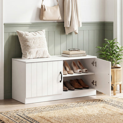 2-Door Shoe Bench Shoe Storage Cabinet with Adjustable Shelves-White