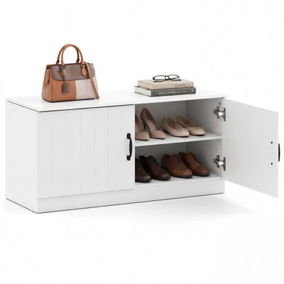 2-Door Shoe Bench Shoe Storage Cabinet with Adjustable Shelves-White