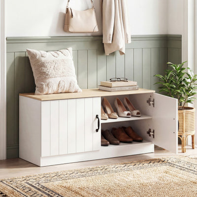 2-Door Shoe Bench Shoe Storage Cabinet with Adjustable Shelves-Natural
