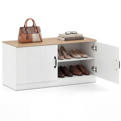 2-Door Shoe Bench Shoe Storage Cabinet with Adjustable Shelves-Natural