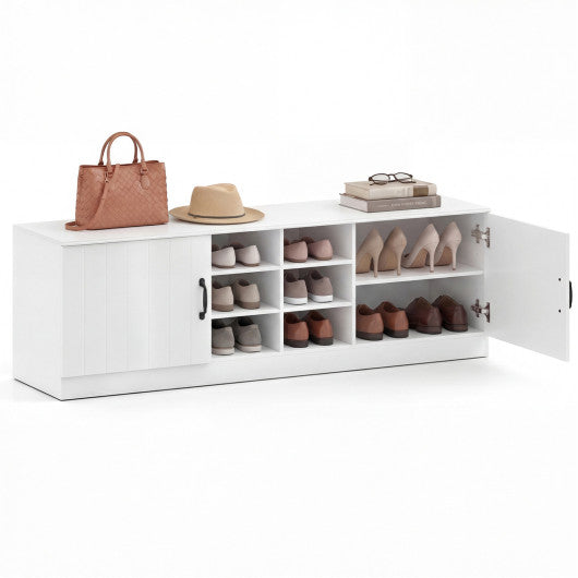 2-Door Shoe Bench Storage Cabinet with Adjustable Shelves-White
