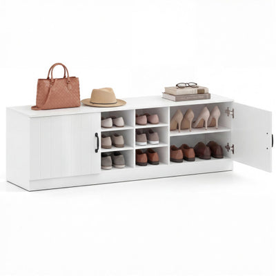 2-Door Shoe Bench Storage Cabinet with Adjustable Shelves-White