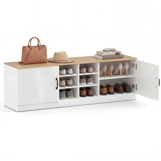 2-Door Shoe Bench Storage Cabinet with Adjustable Shelves-Natural