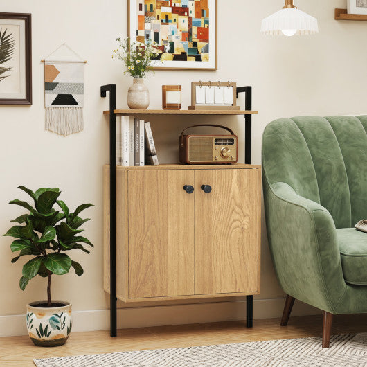 2-Door Wall Mount Bookshelf with Storage Cabinet-Natural