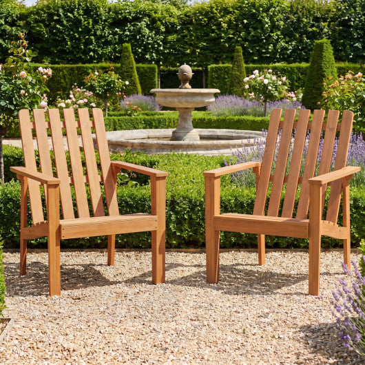 2 Pack Acacia Wood Outdoor Patio Chair with Slatted Backrest and Seat Built-in Armrest