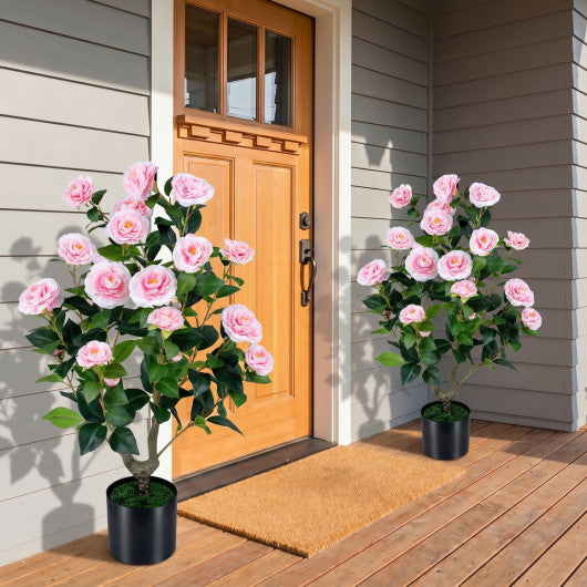 2-Pack Artificial Camellia Tree Faux Flower Plant in Cement-Filled Pot-Pink